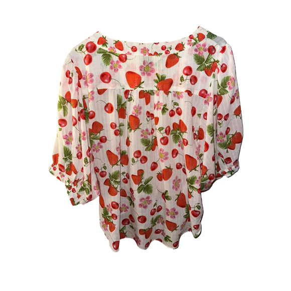 Rose + Olive White Red Strawberry Cherry Tie Front Blouse Size Large - Picture 3 of 12